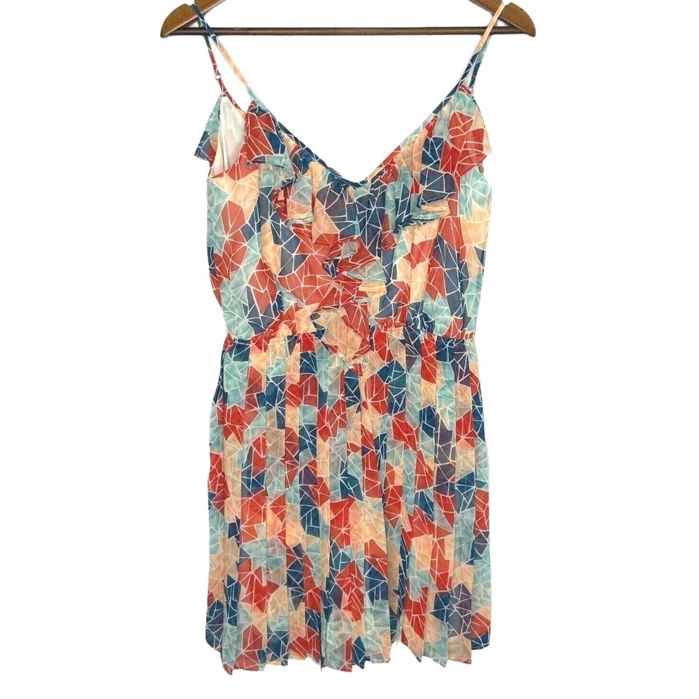BCBGeneration Geometric Pleated Mini Dress Size‎ M Coral Blue Ruffle Sundress